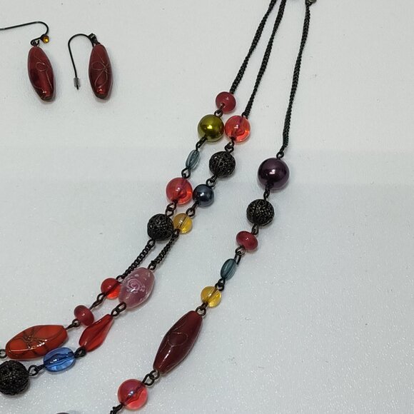 Avon Trio Chain Necklace Dangle Earrings Multicolor Art Glass Beads Boho Hippie - Picture 4 of 8